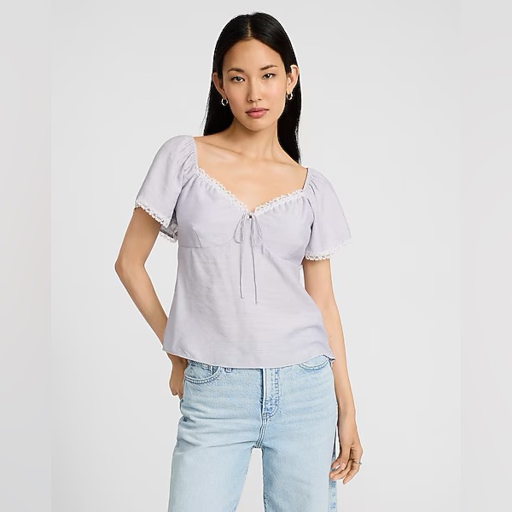Express Lace Trim Sweetheart Short Sleeve Tie Front Top